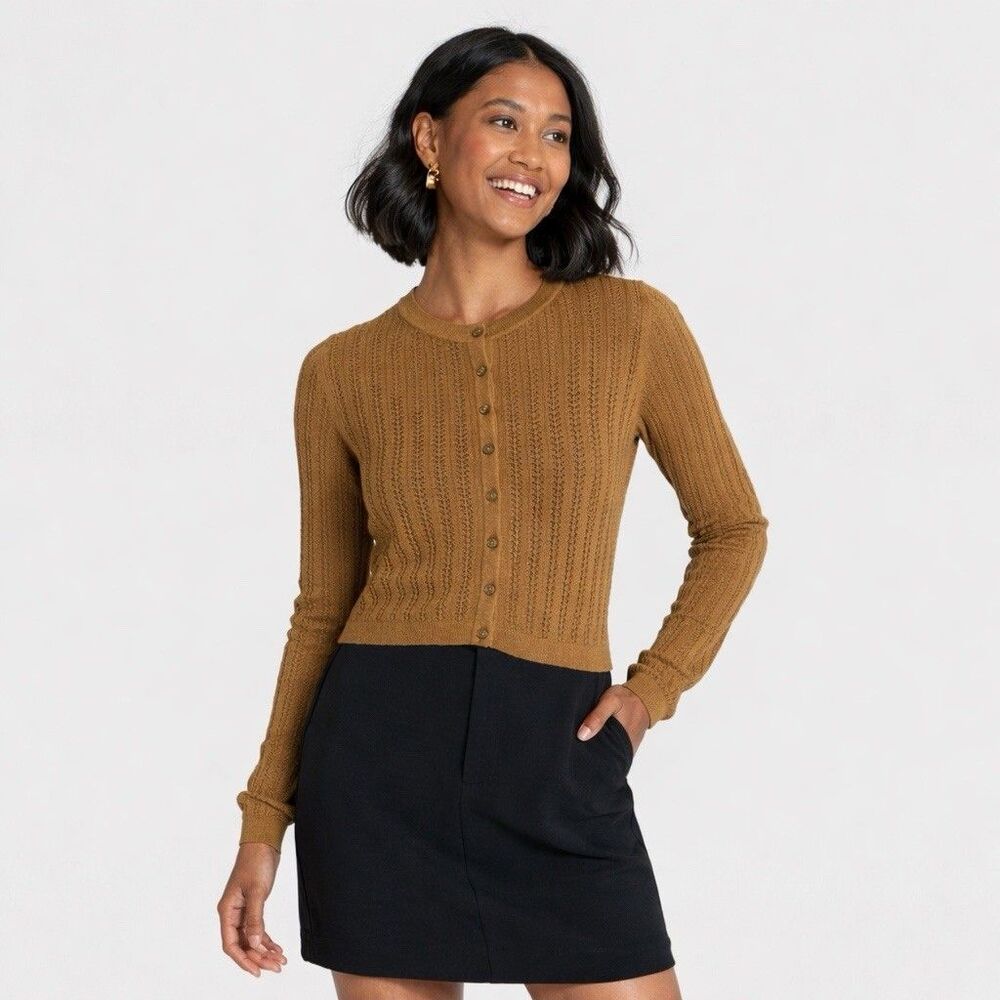 A New Day Women's Pointelle Cardigan Brown Size XS